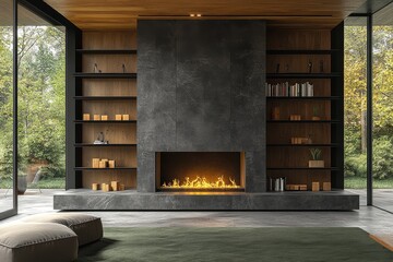Tall straight fireplace made of dark grey stone with built-in bookshelves, a fire burning, and minimalistic design in a modern open living room with wood accents and natural light.