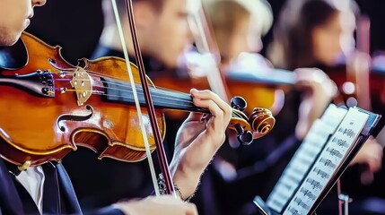 Close-up of Violinist Playing in an Orchestra During a Performance