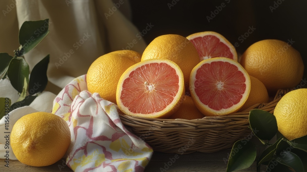 Poster fresh citrus fruits in rustic setting on table