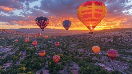 Fototapeta premium A stunning sunset scene featuring colorful hot air balloons over a picturesque landscape.