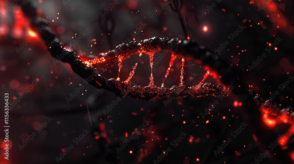 Poster a digital representation of a dna double helix with glowing elements and a dark background.