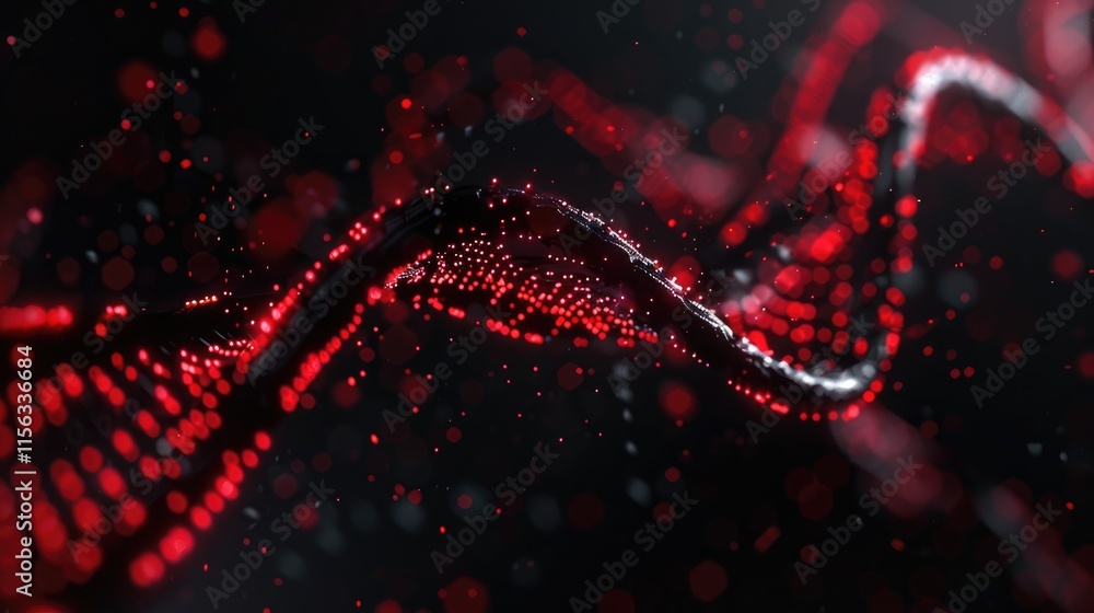 Poster abstract visualization of flowing red and white particles on a dark background.