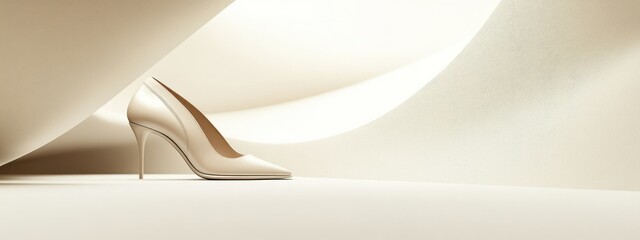 A minimalist image of a beige high-heeled shoe against soft, curved backgrounds.
