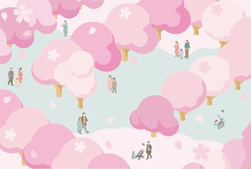 フレーム　アイソメトリック　人物　家族　子供　春　お花見　さくら　桜　背景　イラスト素材
