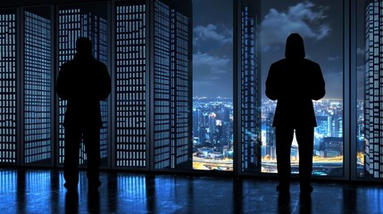 Fototapeta premium Silhouetted Figures Overlooking Cityscape from High-Rise Building