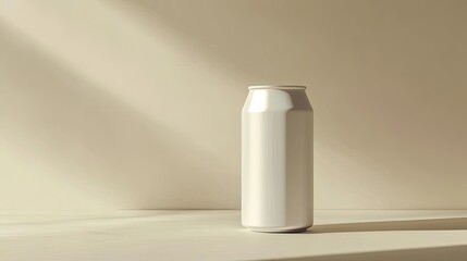 A clean, minimalist white beverage can mockup placed on a neutral beige background with a soft shadow, perfect for branding