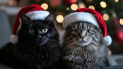 festive close-up photograph featuring two cats sitting side by side, both wearing red and white Santa hats