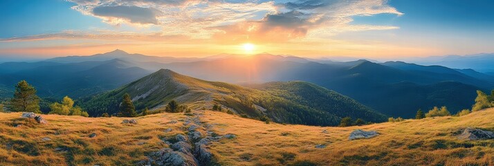 Breathtaking Mountain Landscape at Sunset with Vibrant Sky and Rolling Hills in Gigapixel Quality for Nature Photography Enthusiasts
