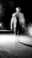 Obraz premium Mysterious Figure Walking on a Dimly Lit Path at Night