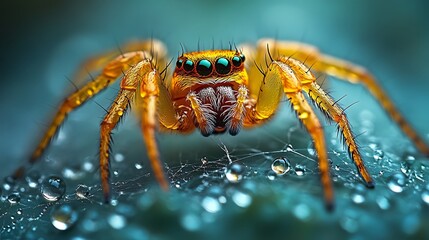 Fototapeta premium Golden Jumping Spider on Dew Covered Web