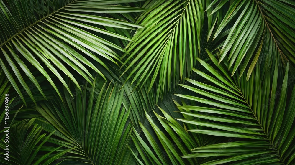 Poster Greenery palms idea. Close-up view of lush green palm leaves creating a refreshing natural background.