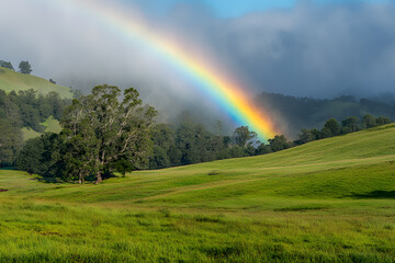 Vivid rainbow stretching across a lush green field under a clear post-rain sky