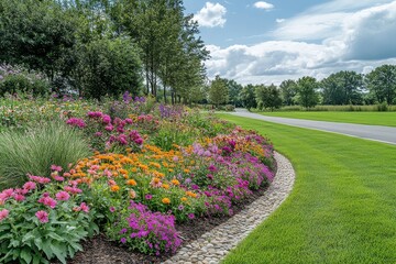 Obraz premium Beautiful colorful flower bed in an English garden with green grass, trees, and a path. Springtime with vibrant flowers, perennials, and shrubs along the road in a bright summer landscape.