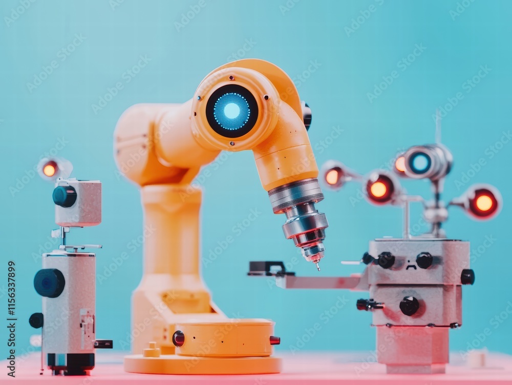 Aufkleber colorful robotic arm and miniature robots in a modern workshop setting