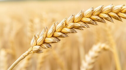 Golden wheat concept. Close-up of golden wheat stalks swaying gently in the breeze under a clear blue sky.