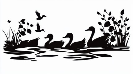 A playful silhouette of a group of ducks swimming in a pond, with faint ripples and abstract foliage framing the scene, creating a whimsical and nature-inspired design. 