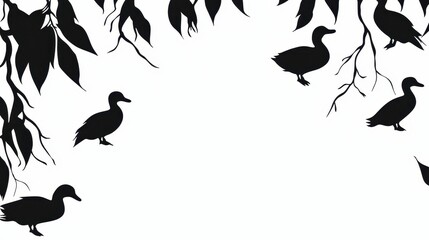 A playful silhouette of a group of ducks swimming in a pond, with faint ripples and abstract foliage framing the scene, creating a whimsical and nature-inspired design. 