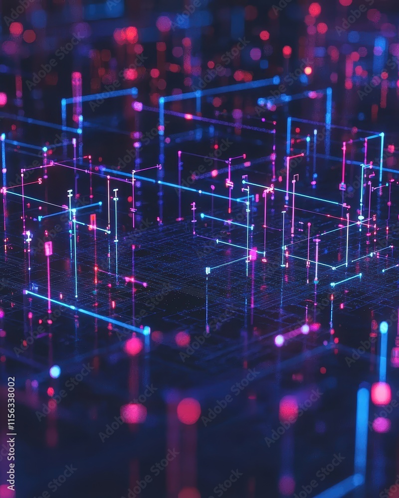 Poster neon digital network concept with lines and points in technology design