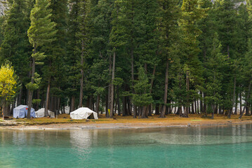 Scenic forest campsite by a tranquil mountain lake in Mahodand Lake which is located in Kalam, Pakistan, surrounded by tall pine trees and natural beauty.