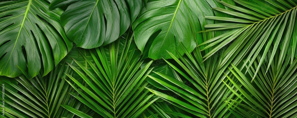 Poster greenery palms idea. vibrant green leaves arranged in a natural pattern, ideal for design and decora