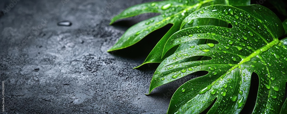 Poster greenery palms idea. close-up of lush green leaves with fresh water droplets on a textured surface.