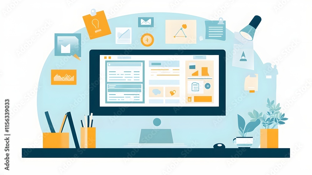 Poster modern workspace featuring computer and creative elements