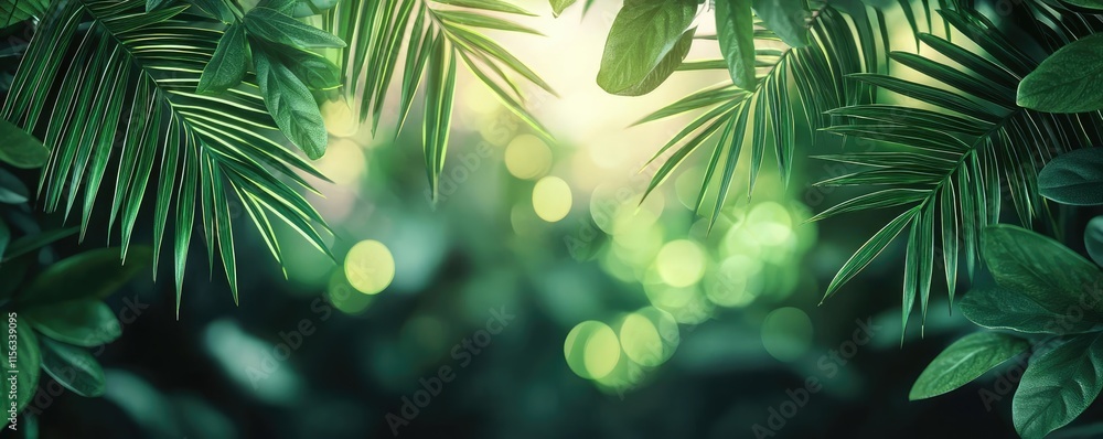 Aufkleber greenery palms idea. lush green leaves framed by soft light create a serene, natural atmosphere.