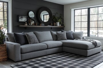 Fototapeta premium Modern living room with dark grey fabric multifunctional sofa, chaise, two accent chairs, black plaid rug, and white metal shelf with wall mirrors. Contemporary home decor ideas.