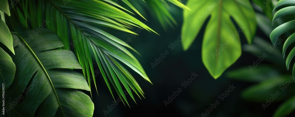 Aufkleber greenery palms idea. lush green tropical leaves creating a vibrant and serene background.
