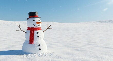 A cheerful snowman stands in a snowy winter landscape