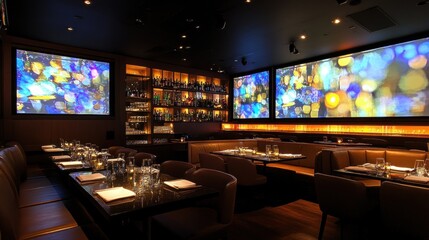 Luxurious private dining room with screens displaying abstract art, dark wood, and comfortable seating.