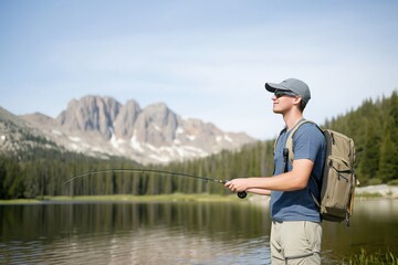 Fototapeta premium Fly fishing at sunrise with colorful mountain reflections in Sprague Lake, Rocky Mountain National Park