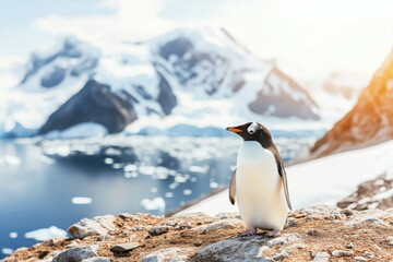 Fototapeta premium Gentoo penguin standing on rocky shore in Antarctica with faded colors and stunning icy landscape in the background