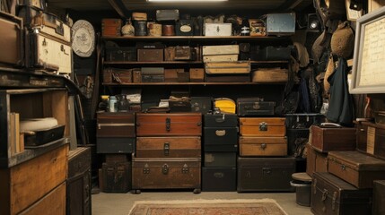 Antique wooden storage boxes, trunks, and suitcases fill a dimly lit, cluttered room.