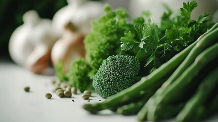 Fresh green vegetables and herbs arranged on a table for healthy cooking. 