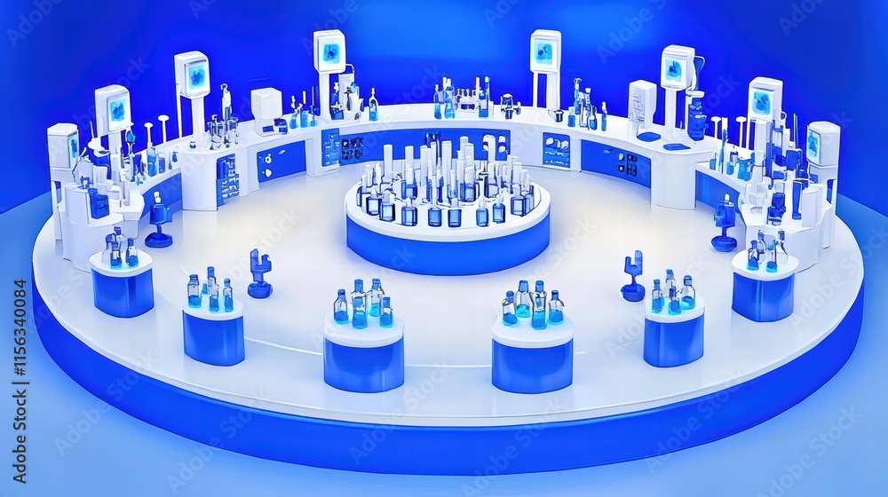 Poster modern product display with blue lighting and bottles in circles