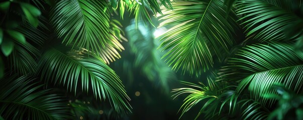 Greenery palms idea. Lush green tropical foliage with sunlight filtering through the leaves.