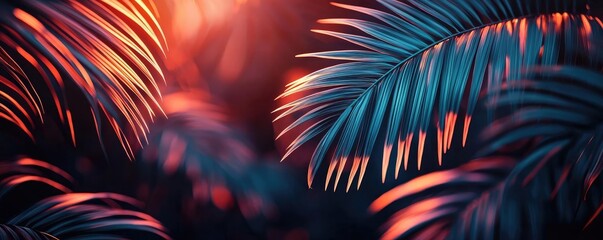 Fototapeta premium Greenery palms idea. Vibrant tropical leaves glowing in rich colors, creating a serene and exotic atmosphere.
