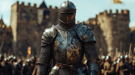 Fototapeta premium A Medieval Knight Stands Before a Castle