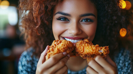 Naklejka premium Young woman enjoying crispy fried chicken in a cozy restaurant setting. 