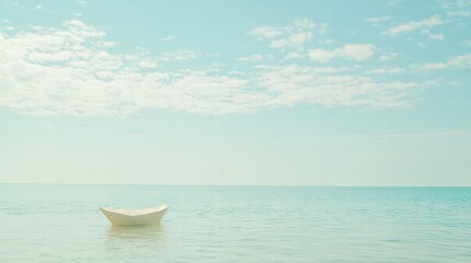 Naklejka premium Serene Seascape with Minimalist Boat on Calm Blue Water