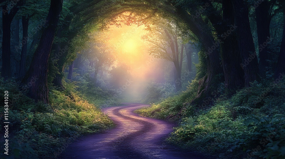 Poster serene forest pathway surrounded by majestic trees with soft light filtering through the canopy in a