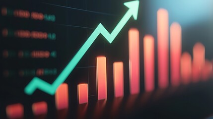 Upward trending bar graph and arrow on dark background.