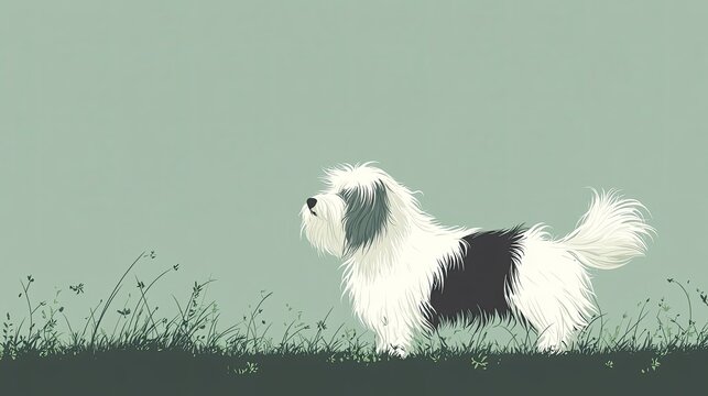 A minimalist side-profile drawing of an Old English Sheepdog standing on a grassy patch, its fur gently blowing in the wind