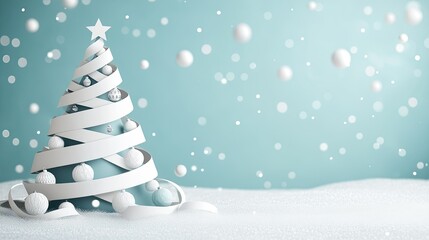 A minimalistic paper-cut Christmas tree decorated with ribbons and ornaments, placed in a tranquil snowy background.