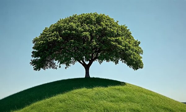 A solitary tree on a grassy hill against a clear blue sky.