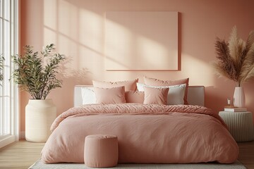 Serene Bedroom in Pastel Peach Tones with Soft Textiles and Natural Elements for Tranquil Living Spaces