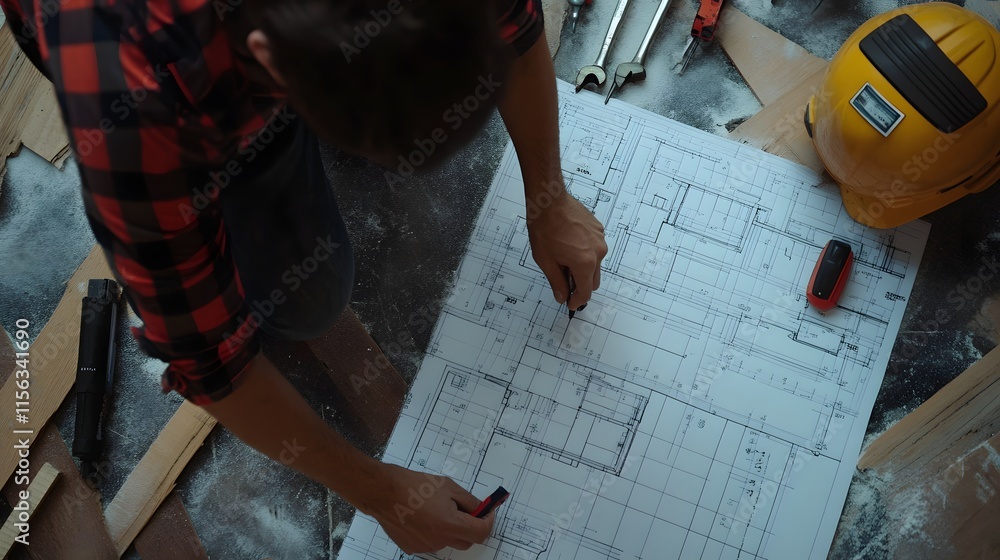 Poster architect reviewing blueprints for a new building design