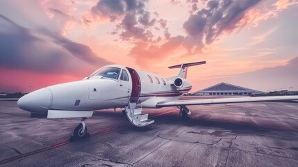 Obraz premium Private jet parked on tarmac at sunset.