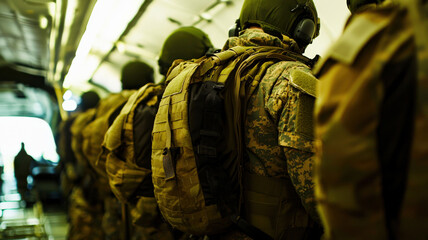 A group of soldiers stands ready with combat gear, waiting to board a military transport plane for deployment, embodying a sense of urgency and preparedness for their mission ahead.